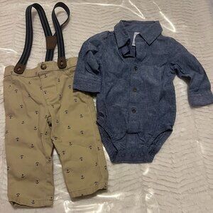 Just One You by Carter's Anchor Khaki Suspenders Blue Baby 2 piece set 6 months